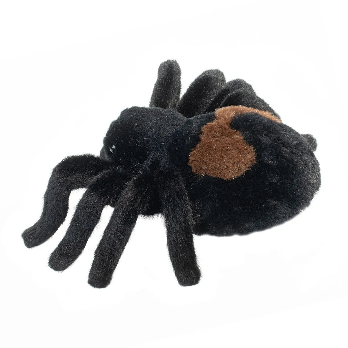 Soft plush spider with black and brown body, eight legs, and shiny eyes, the Spider Sneakie stuffed animal.
