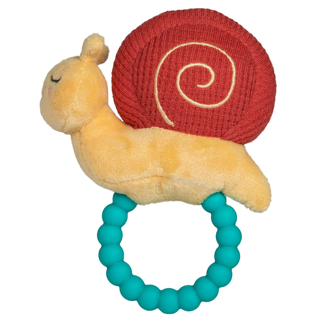 Skippy Snail Teether Rattle with soft plush body, textured red shell, and teal silicone bead teether perfect for babies.