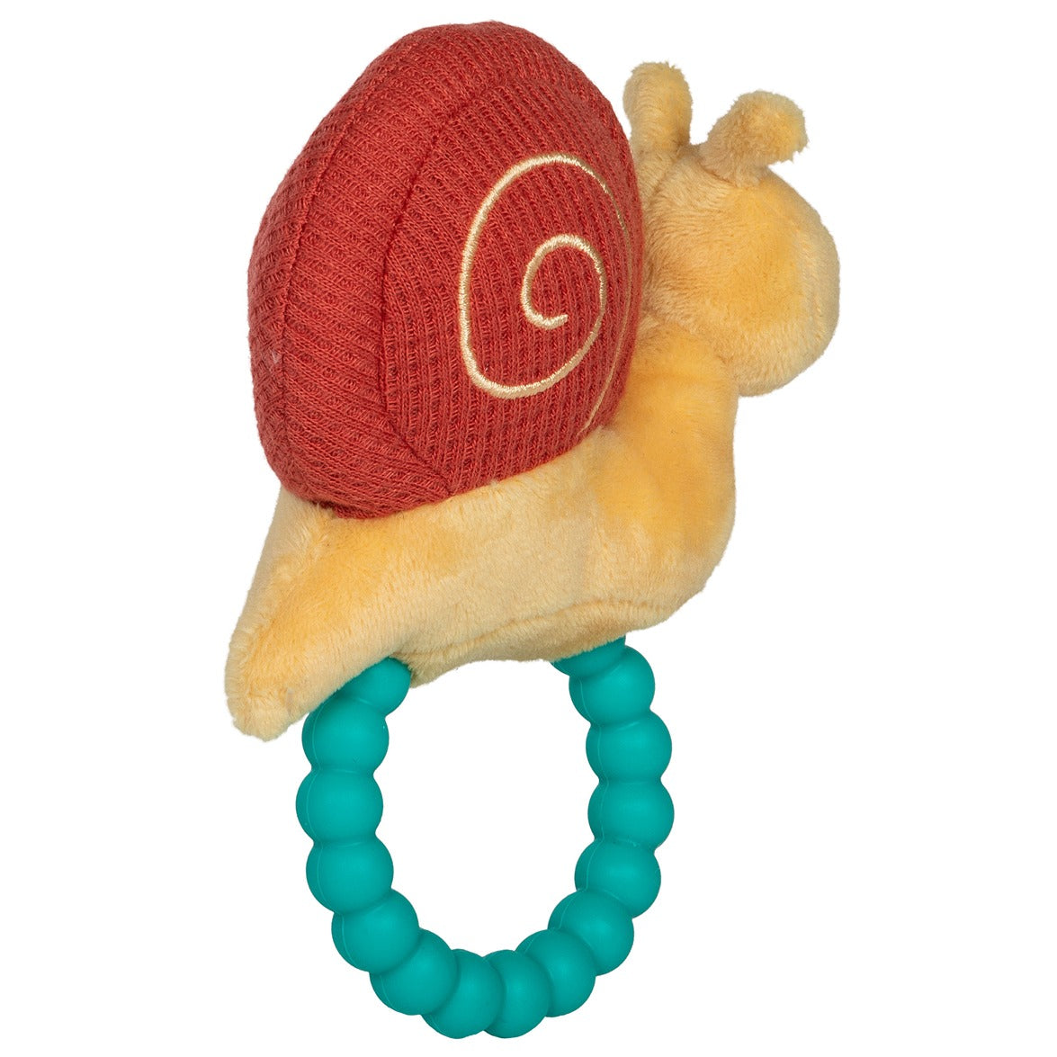 Skippy Snail Teether Rattle with soft plush body, textured shell, and silicone bead teether for sensory play and baby hands.