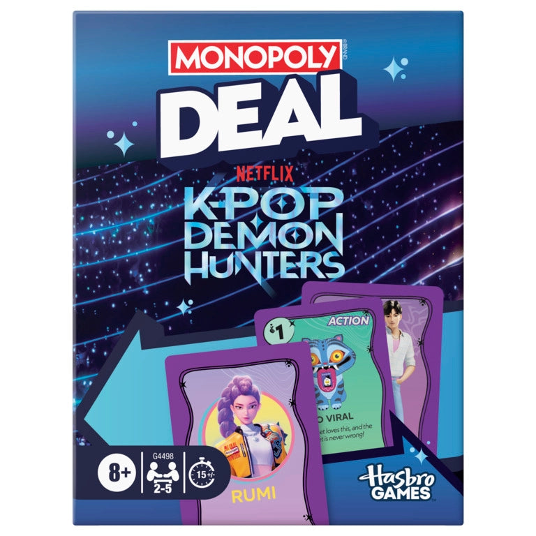 Monopoly Deal: Kpop Demon Hunters game box featuring colorful K-pop character cards