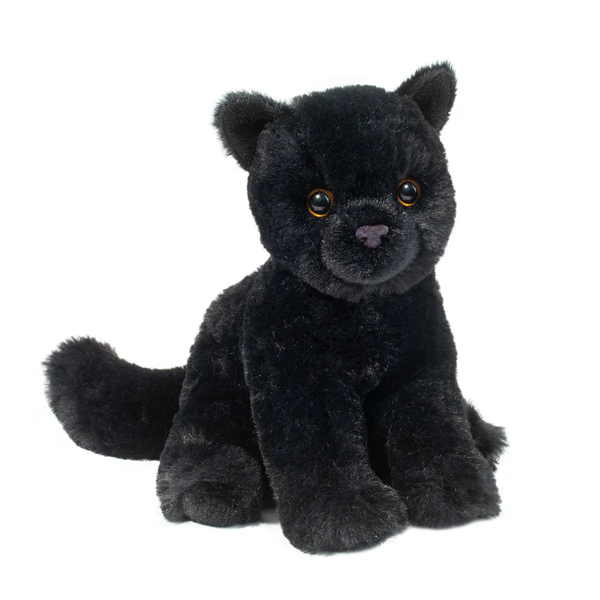 Black Cat Corie plush toy with velvety soft black fur and golden eyes, perfect for cuddling and play.
