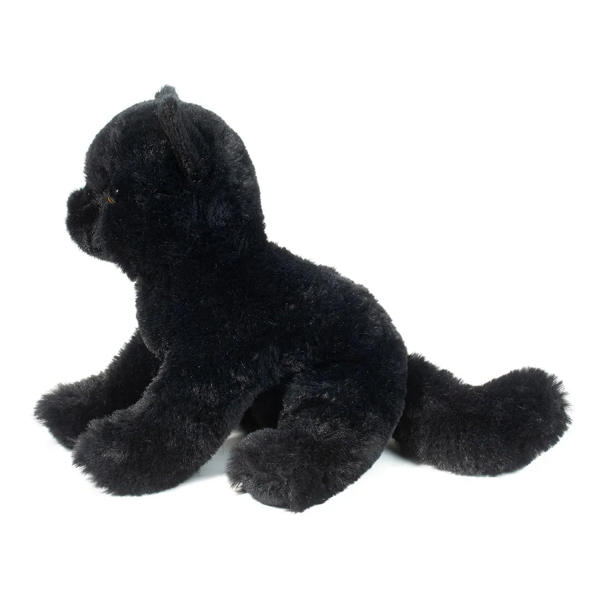 Black Cat Corie plush kitten with velvety black fur and golden eyes, sitting with long tail and detailed paws.