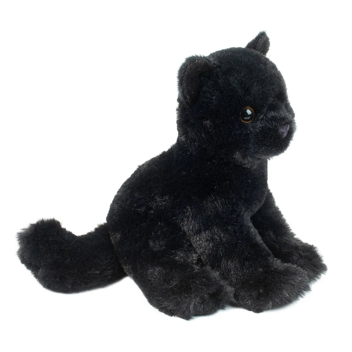 Black Cat Corie plush toy with velvety black fur and golden eyes, sitting in a playful pose.