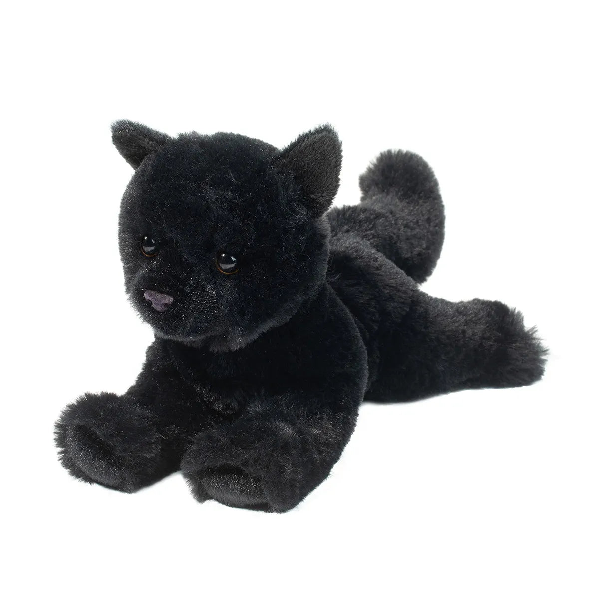 Black Cat Corie plush toy with velvety black fur and golden eyes, perfect for cuddling and playtime adventures.