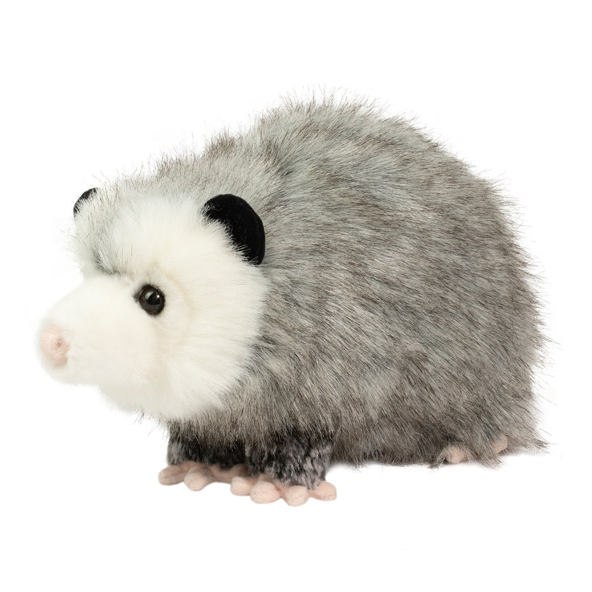 Possum Ozzy plush stuffed animal with salt and pepper fur, black ears, pink nose, and long pink tail for cuddling.
