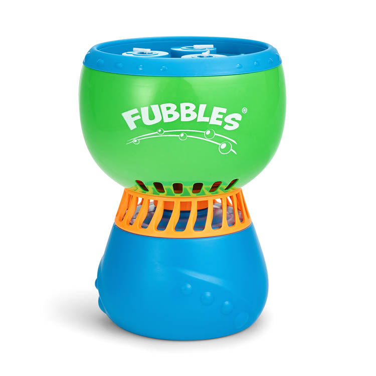 Fubbles | No-Spill Fun-Finiti Bubble Machine in green and blue with orange accents for nonstop bubble fun.