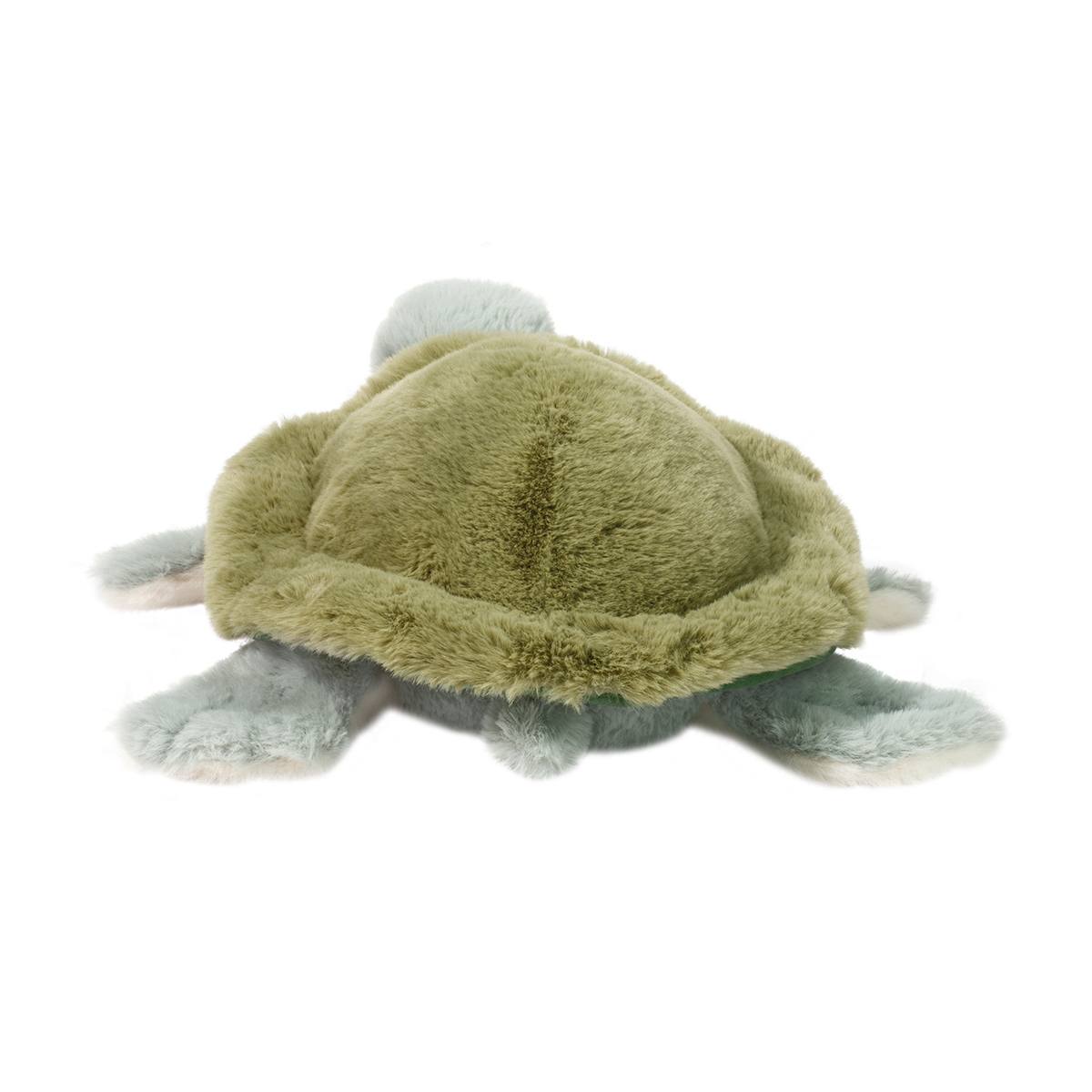 Sea Turtle DLux Sheldon plush toy lying flat showing soft green shell and fuzzy gray-green limbs.