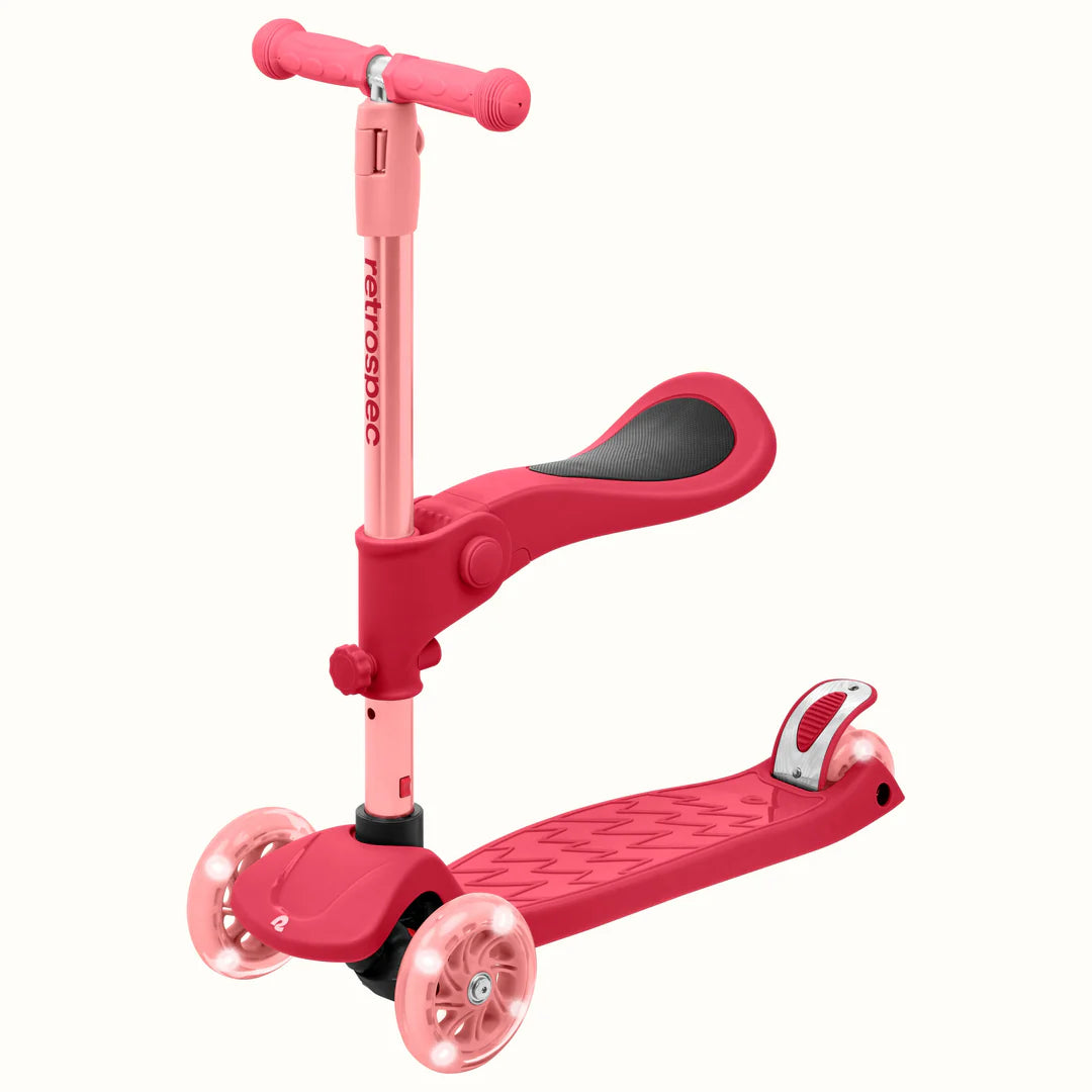 Chipmunk Plus Kids' Kick Scooter Bubblegum with removable folding seat and light-up three wheels for ages 3 and up