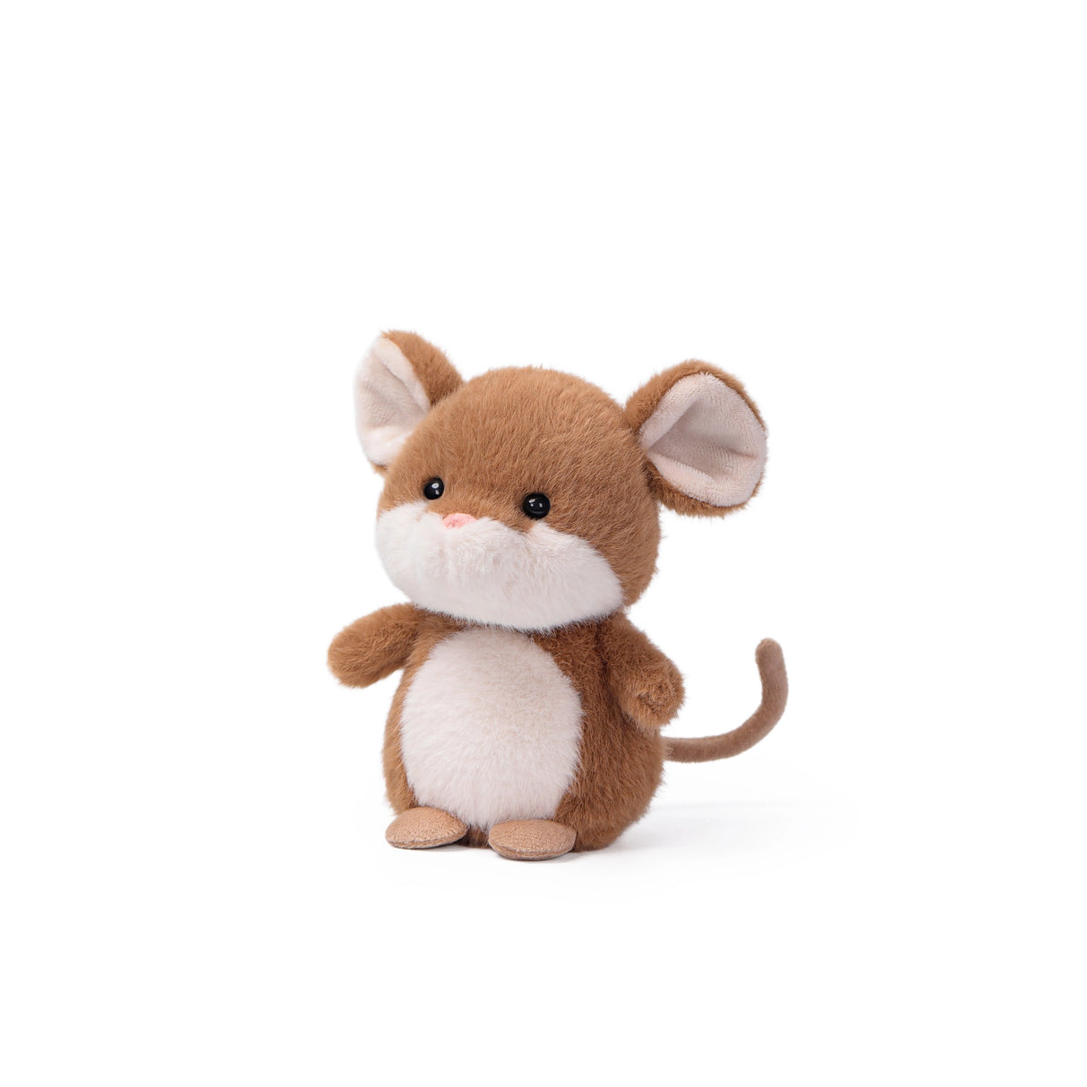 Cute brown and white plush mouse with large ears and a curled tail on a white background