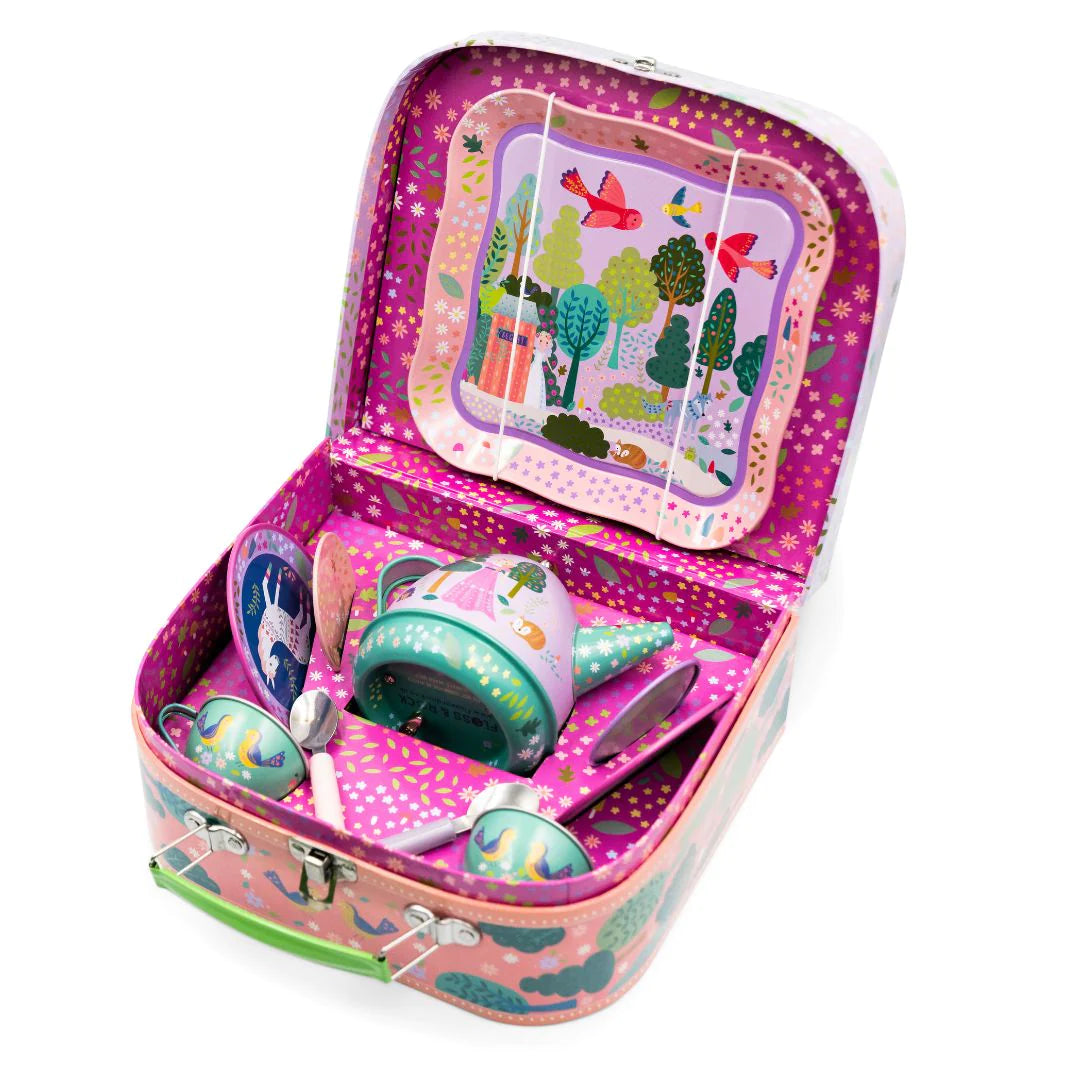 Musical Tea Set | Fairy Tale with musical teapot, colorful cups, plates, and a decorative carrying case.