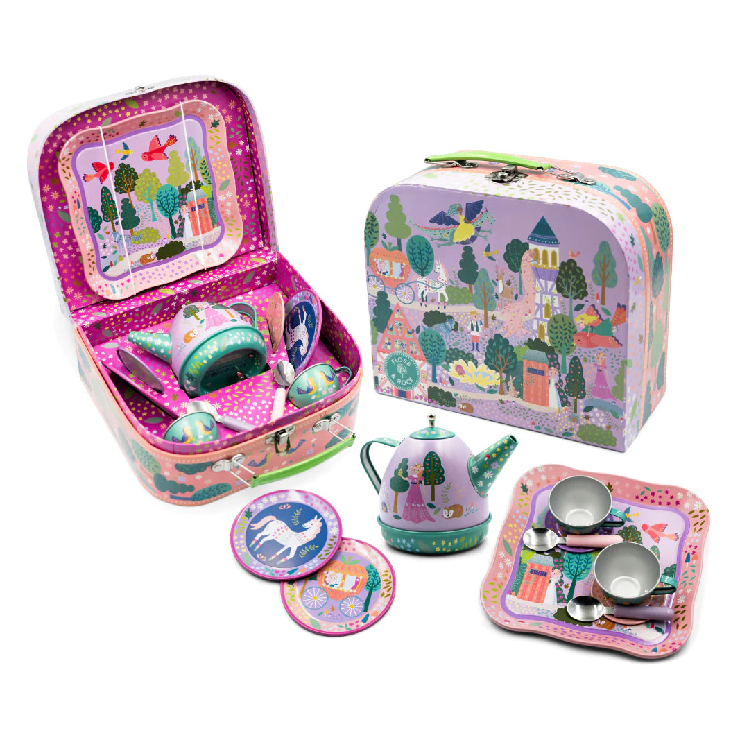 Musical Tea Set | Fairy Tale with illustrated box, musical teapot, cups, saucers, plates, and tray for imaginative play.