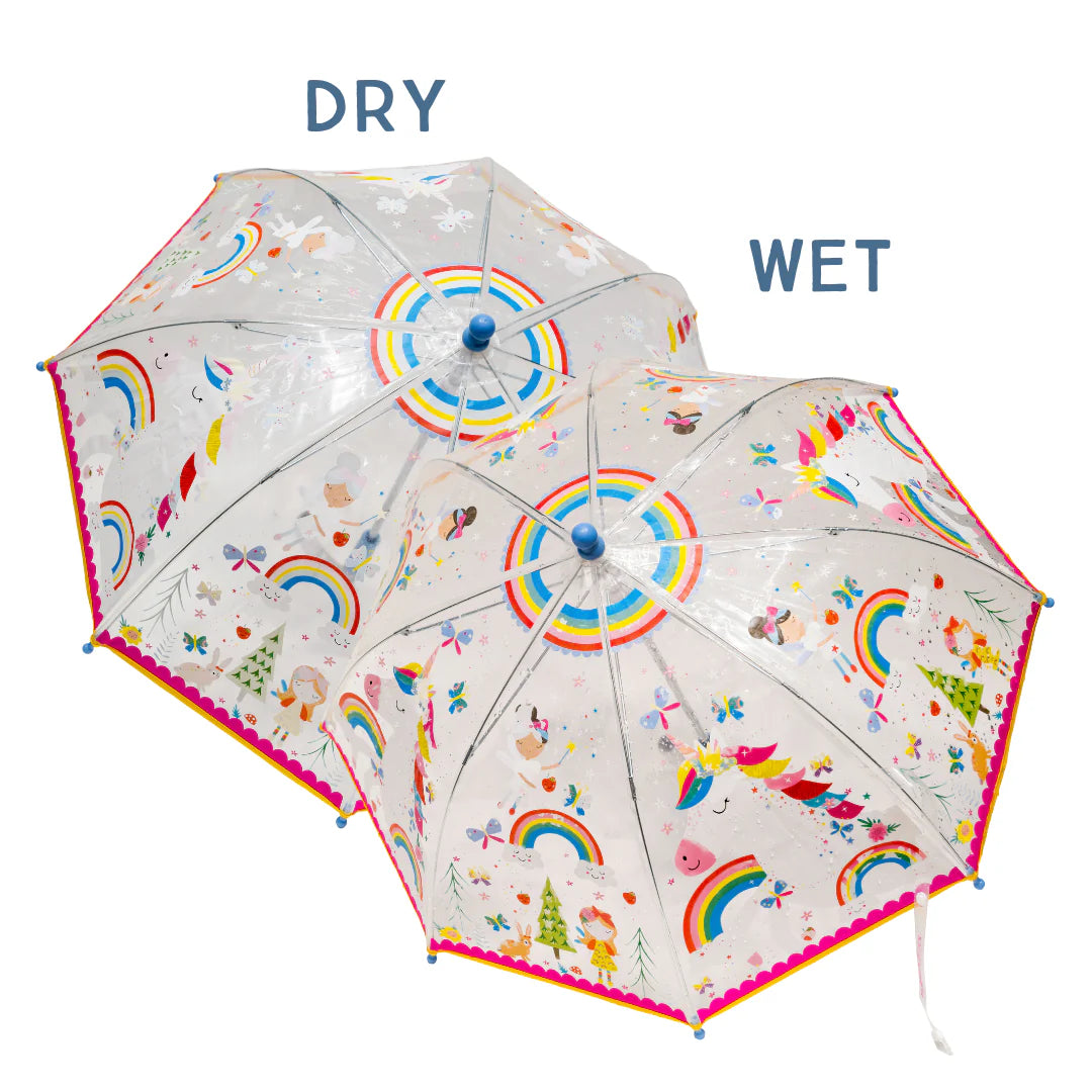 Color-Change Umbrella | Transparent Rainbow Fairy showing dry and wet magical colour-changing design.