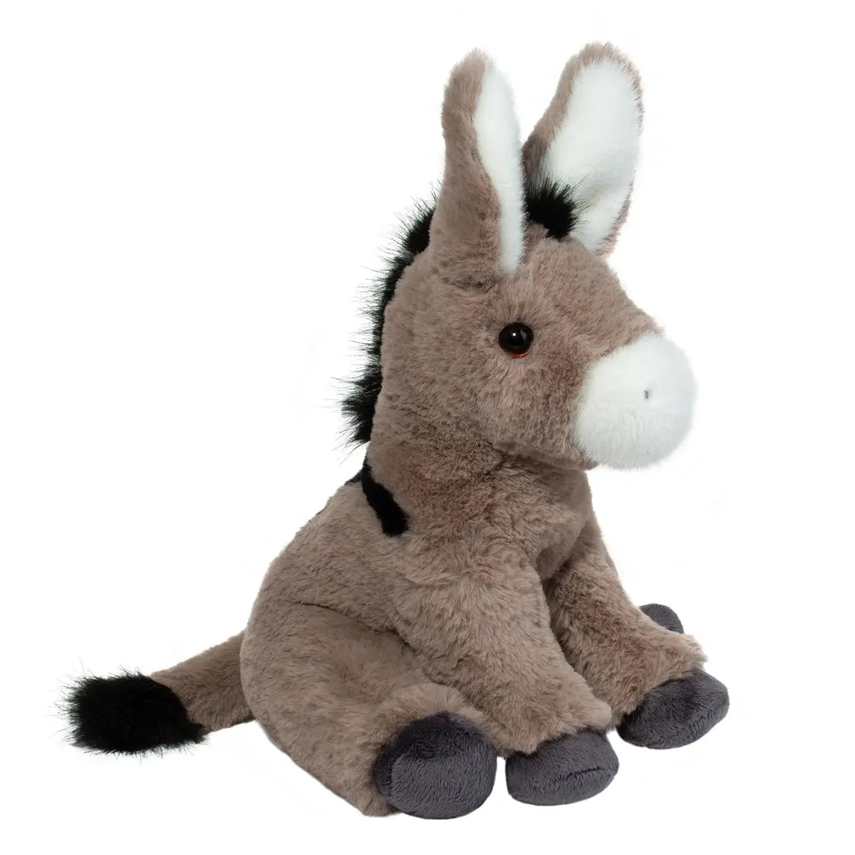 Plush gray and black stuffed animal with warm brown eyes, soft bean-filled feet, Donkey Softie Jackie stuffed animal.