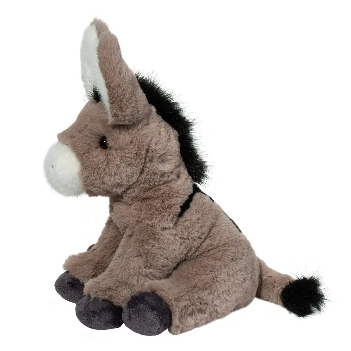 Donkey Softie Jackie plush stuffed animal with soft gray fur, black mane, and brown eyes sitting on a white background.