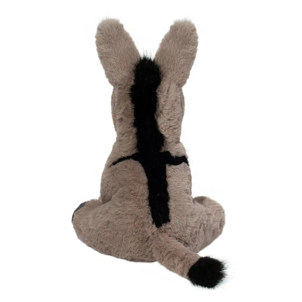 Donkey Softie Jackie plush stuffed animal shown from back with soft gray and black fur and large ears.
