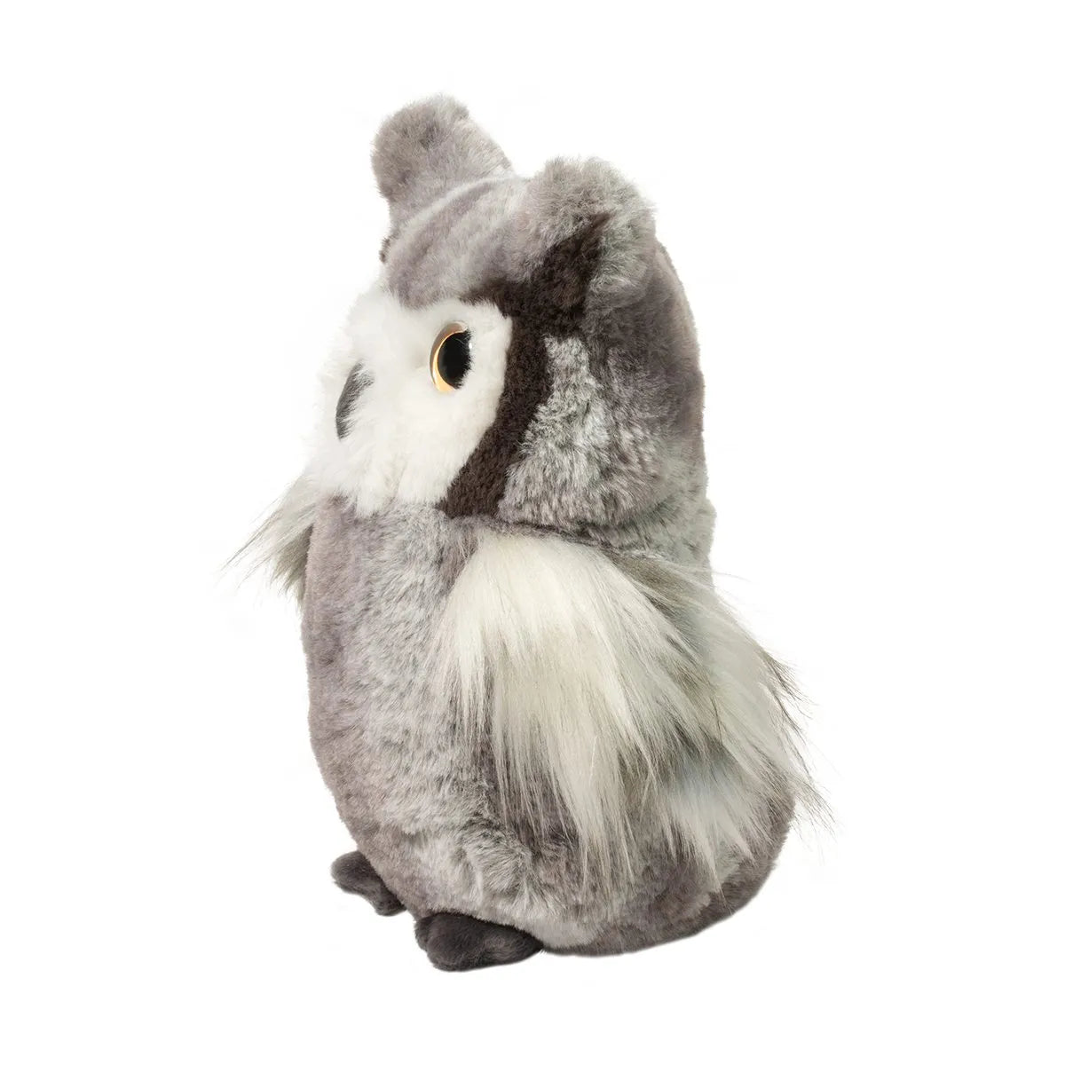 Owl Andie plush toy with soft gray fur, feathery wings, and golden eyes, perfect for owl lovers and collectors.