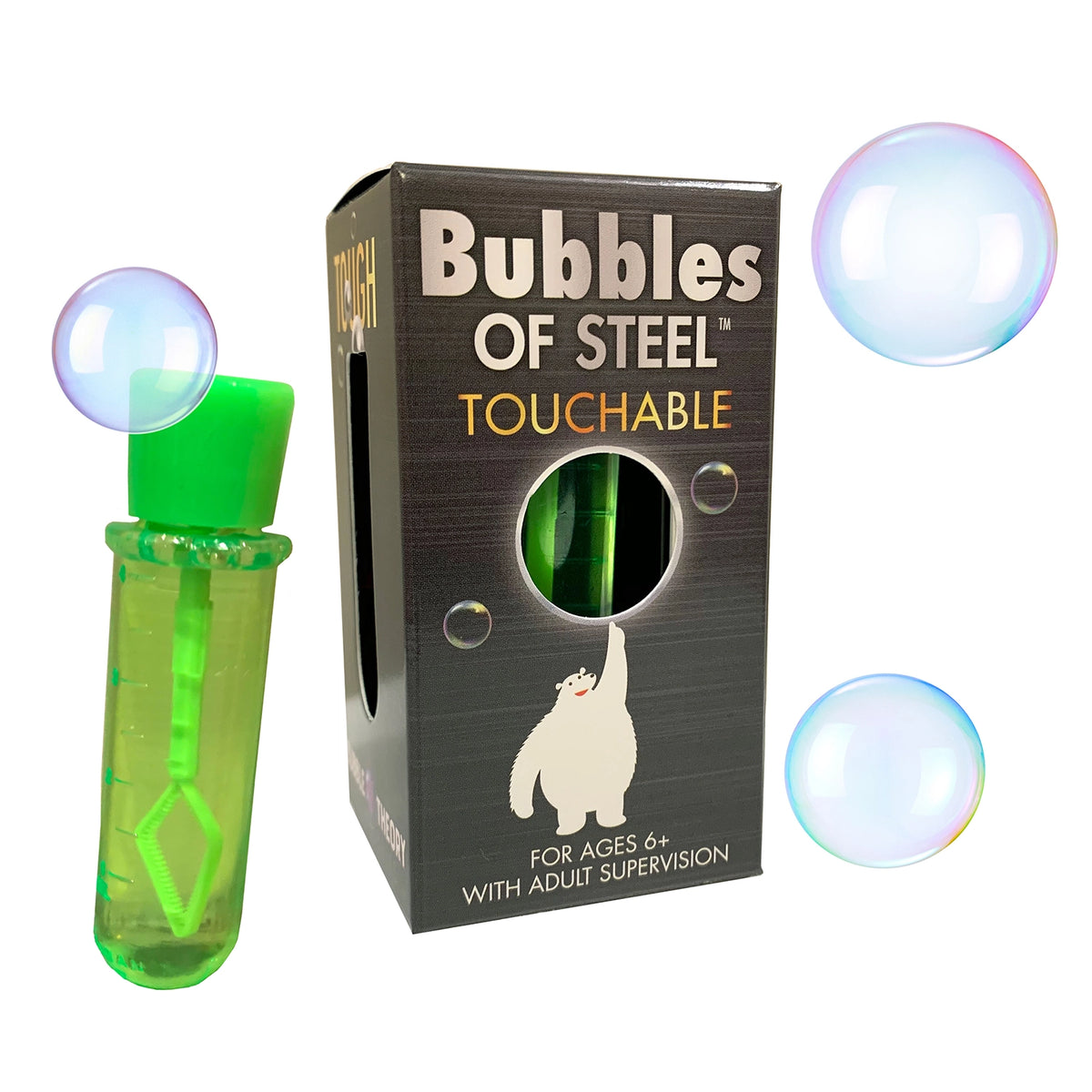 Bubbles of Steel: Touchable Bubbles science kit with green bubble wand and boxed packaging beside floating bubbles