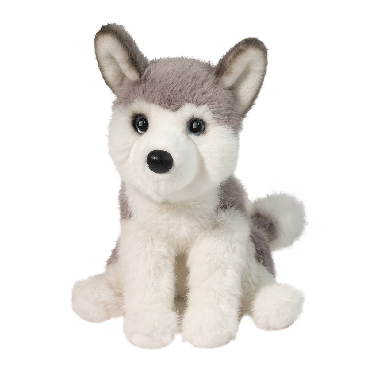 Husky Flurrie plush stuffed animal with soft gray and white fur sitting upright with black eyes and nose