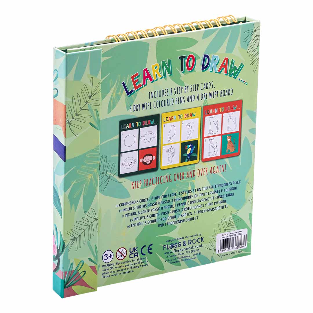Learn to Draw | Jungle activity book with step-by-step cards, dry wipe pens, and reusable drawing pages.