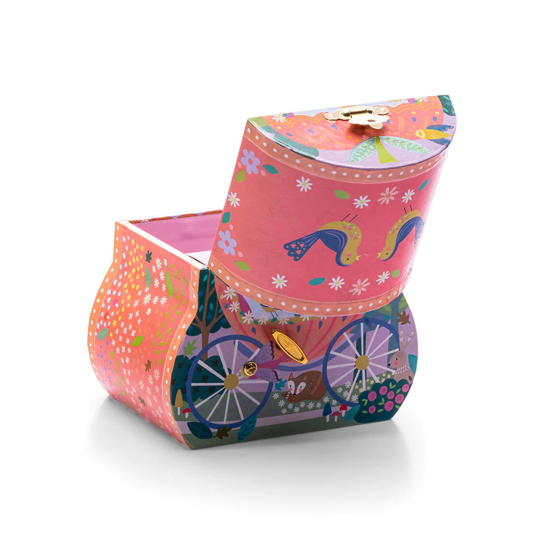 Jewelry Box | Fairy Tale Carriage pink decorative carriage shaped box with floral and horse design and open lid.