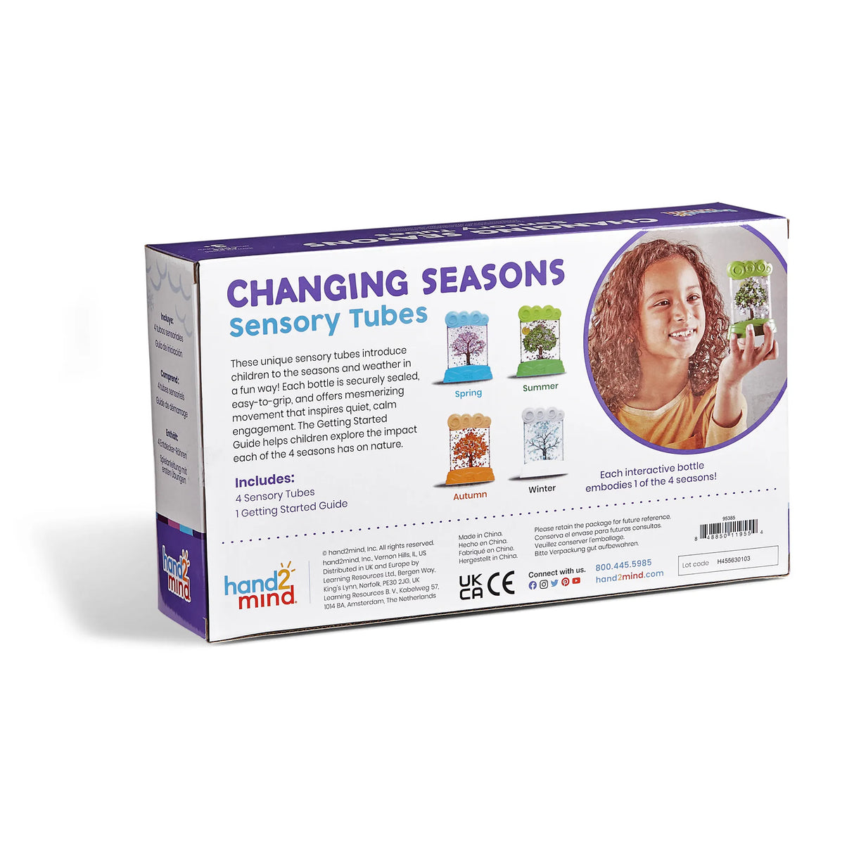 Changing Seasons Sensory Tubes box showing four season-themed sensory bottles and a child exploring them.