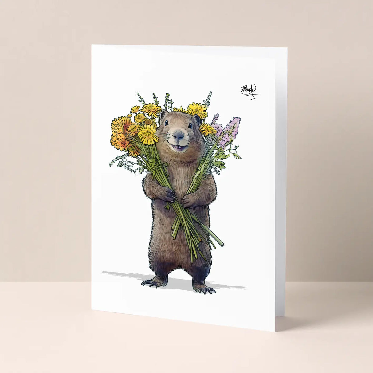Wild Smile Groundhog Card showing a smiling groundhog holding colorful flowers on FSC certified paper.