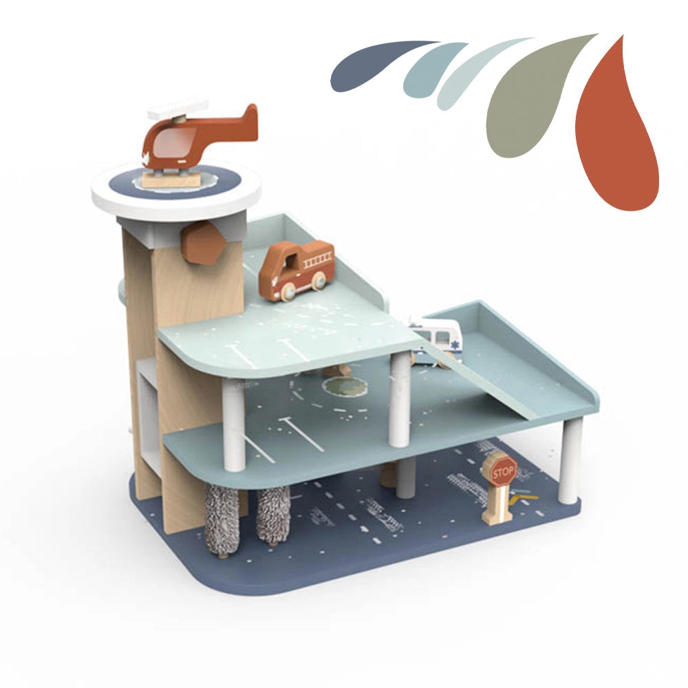 Wooden garage playset with helicopter, cars, elevator, and gas station for imaginative child play ages 3 and up