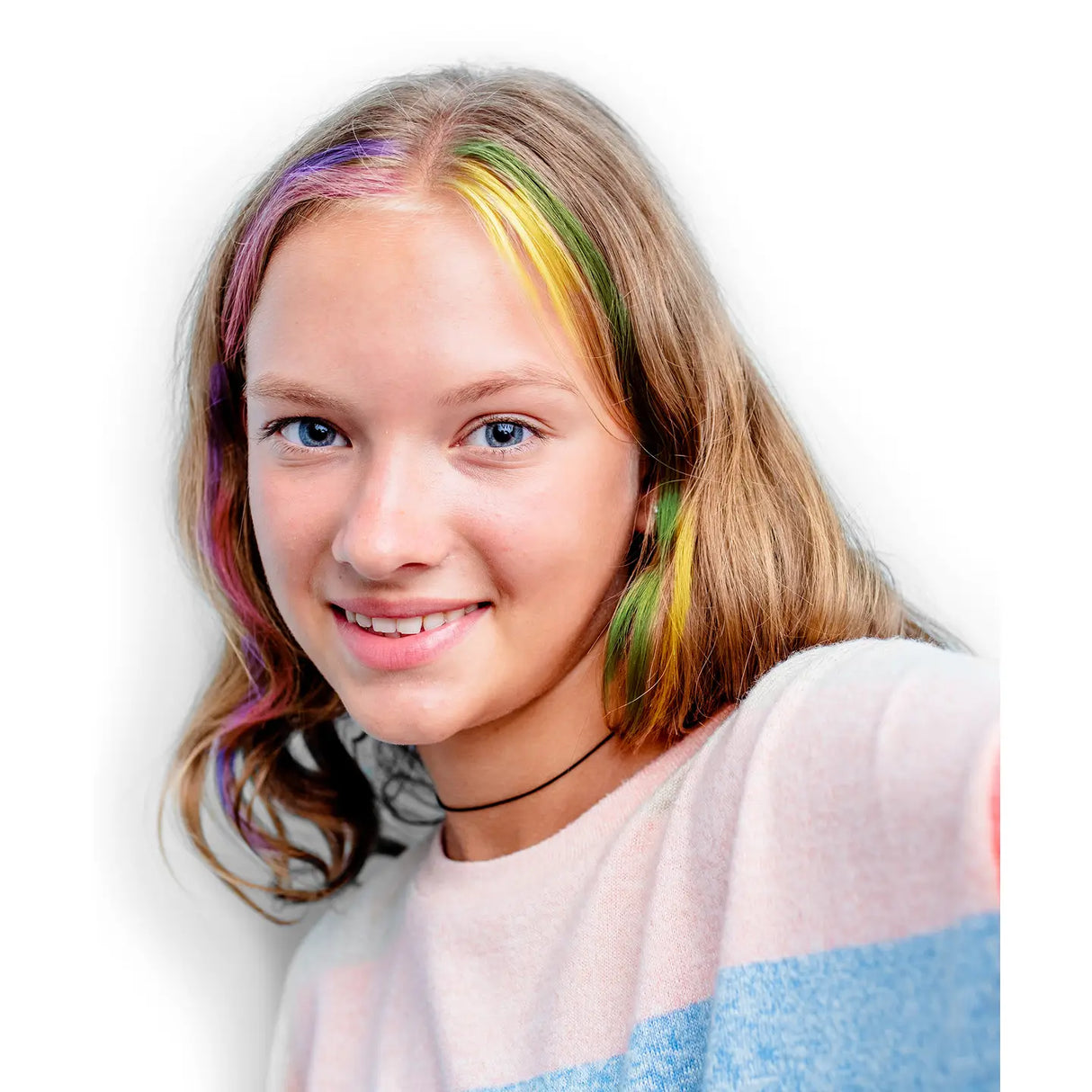 Smiling girl with colorful rainbow streaks in hair created using Hair Flair Color Gel Sticks temporary hair color.