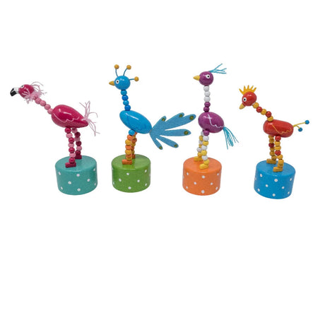 Colorful ThumbToy Bird push puppets with playful designs on polka dot bases, perfect for fun and gifts.