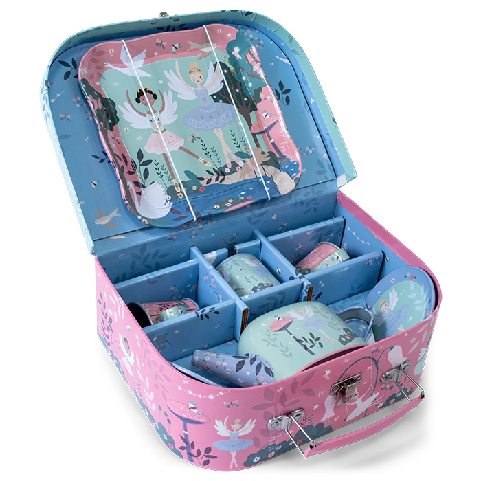 Tea Set | Enchanted with pastel case featuring ballet dancers, woodland creatures, teapot, cups, plates, sugar pot, and tray.