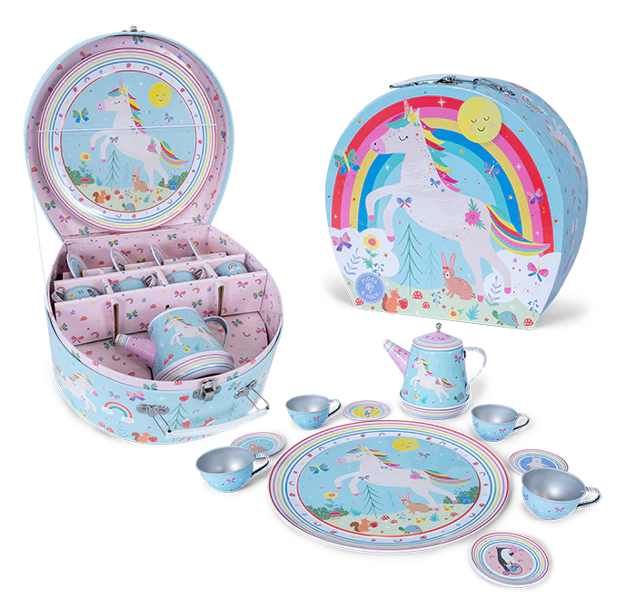 Musical Tea Set | Rainbow Fairy with unicorn design, teapot plays music, includes cups, saucers, tray, and carry case.