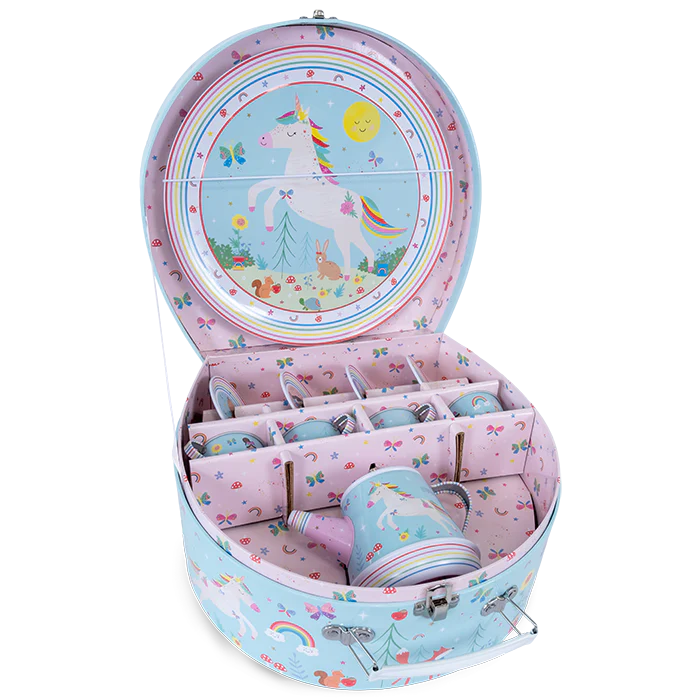 Musical Tea Set | Rainbow Fairy with unicorn design, teapot playing tune, cups, and carry case for imaginative play.