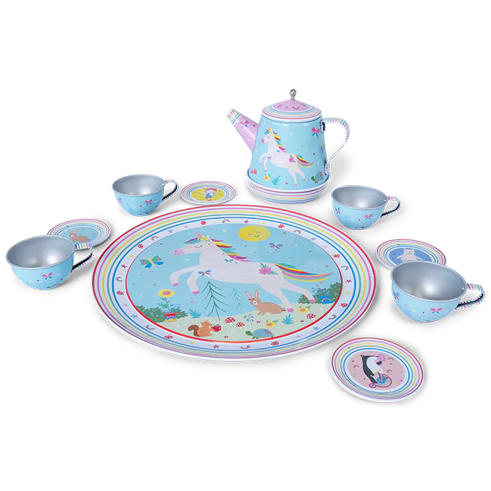 Musical Tea Set | Rainbow Fairy with unicorn-themed teapot, four cups, saucers, and a colorful serving tray.