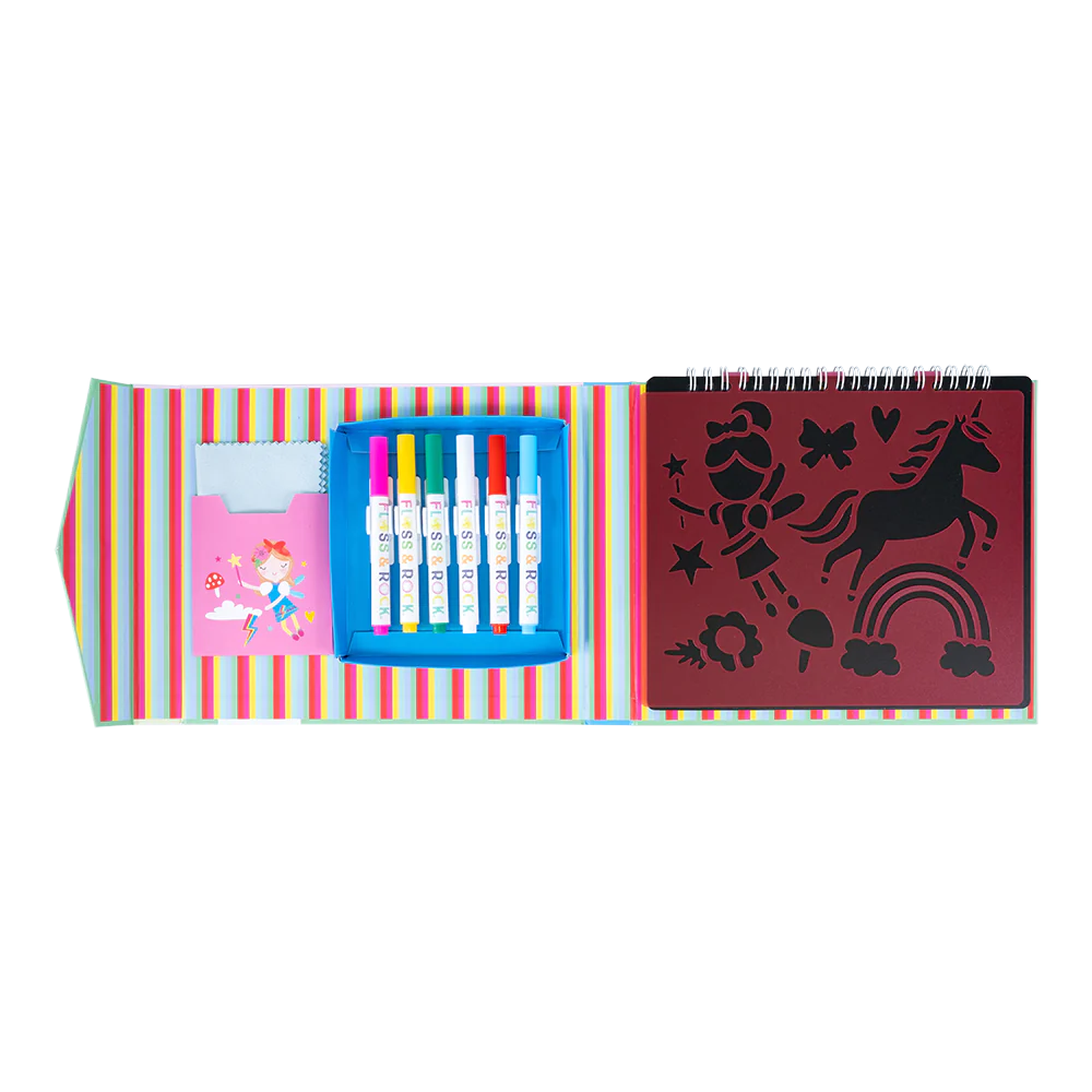 Chalkboard Sketchbook | Rainbow Fairy with chalk pens, wipeable pages, stencil and tracing sheets in spiral bound book.