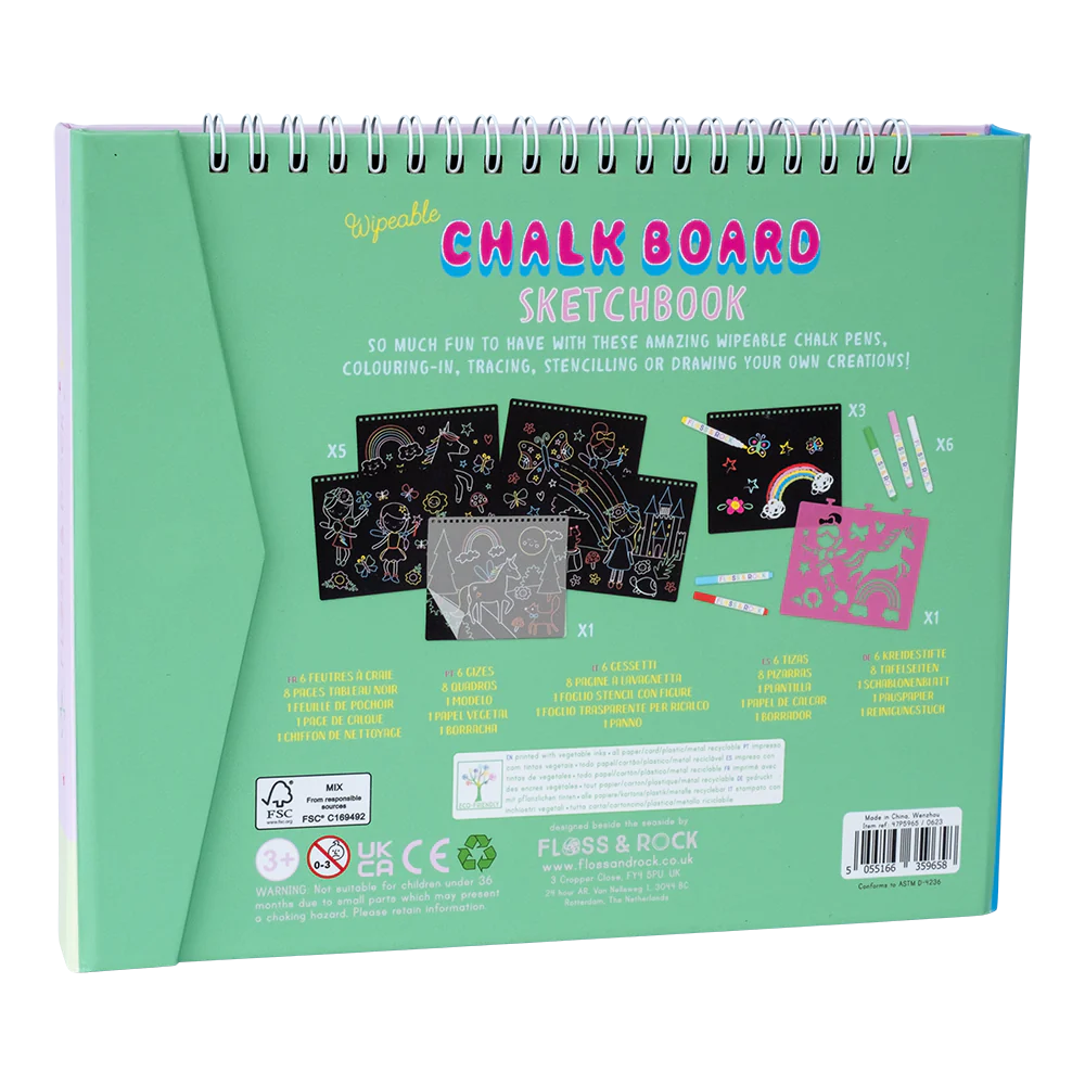 Chalkboard Sketchbook | Rainbow Fairy with wipeable pages, chalk pens, stencil, tracing sheet, and spiral binding in green cover.