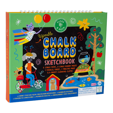Chalkboard Sketchbook | Pets with wipeable pages, chalk pens, stencil, tracing sheet, and pet-themed illustrations for kids.