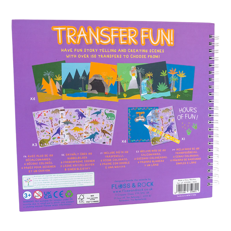 Transfer Fun | Dino spiral-bound book with dinosaur transfers, colorful scenes, plain pages, and pencil for creative play.