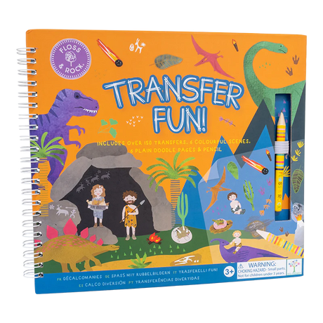 Transfer Fun | Dino spiral book with dino transfers, colorful scenes, doodle pages, and a pencil for creative play.