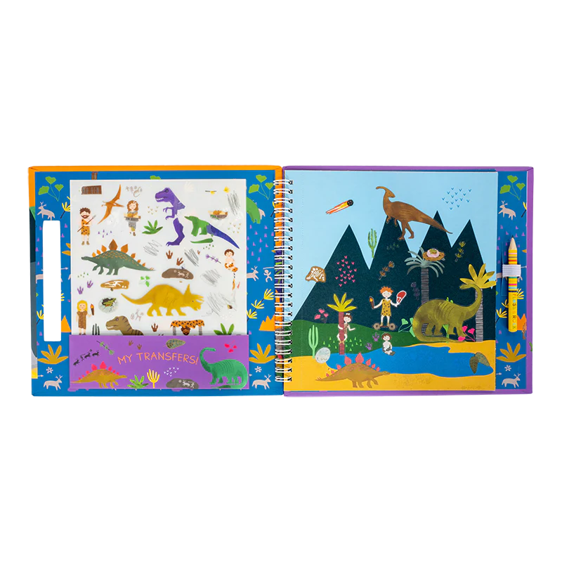 Transfer Fun | Dino spiral bound book with colorful dinosaur transfers and play scenes for creative play.