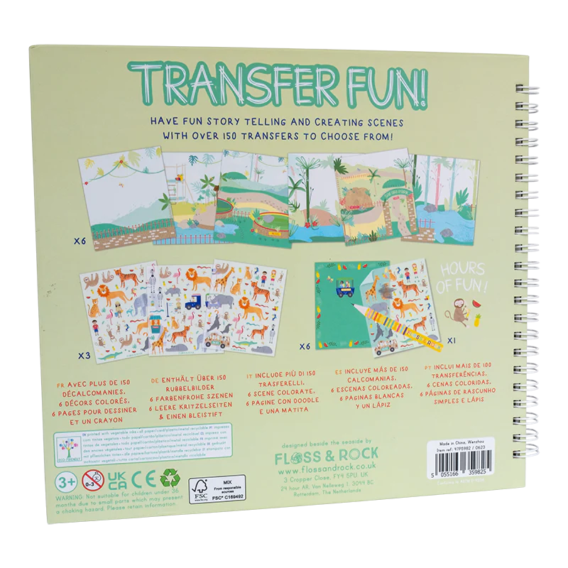 Transfer Fun | Jungle spiral bound book with dino-themed transfers, colorful scenes, and eco-friendly creative play materials.