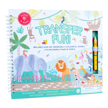 Transfer Fun | Jungle spiral book with 150+ dino transfers, colorful jungle scenes, doodle pages, and pencil for creative play.