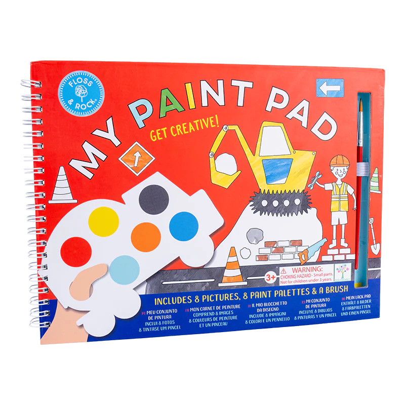 My Paint Pad | Construction spiral bound paint pad with truck palettes, 8 pictures, and brush for painting on the go