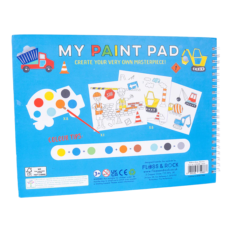 My Paint Pad | Construction showing spiral bound pad with truck palettes, tear out pictures, and paint brush for kids.