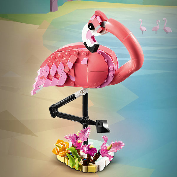 LEGO Creator Wild Animals Pink Flamingo toy with posable head on plant stand for imaginative play or decor.