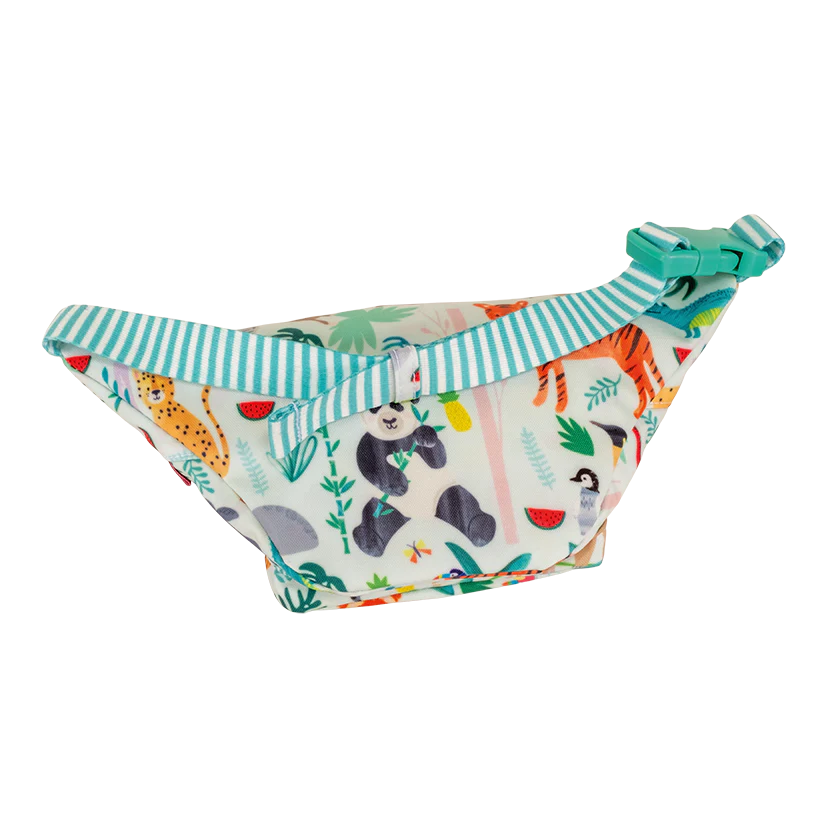 Belt Bag | Jungle with adjustable striped strap, two compartments, lion zip pulls, and vibrant jungle animal print design.