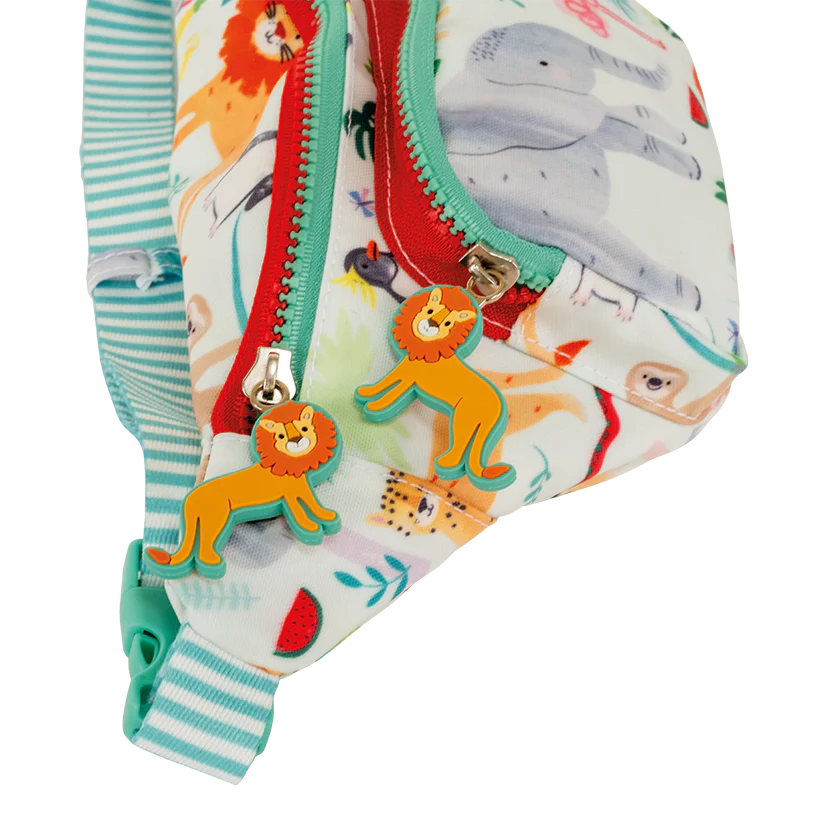 Belt Bag | Jungle with lion-shaped zipper pulls, jungle print, adjustable striped strap, and two zip compartments.
