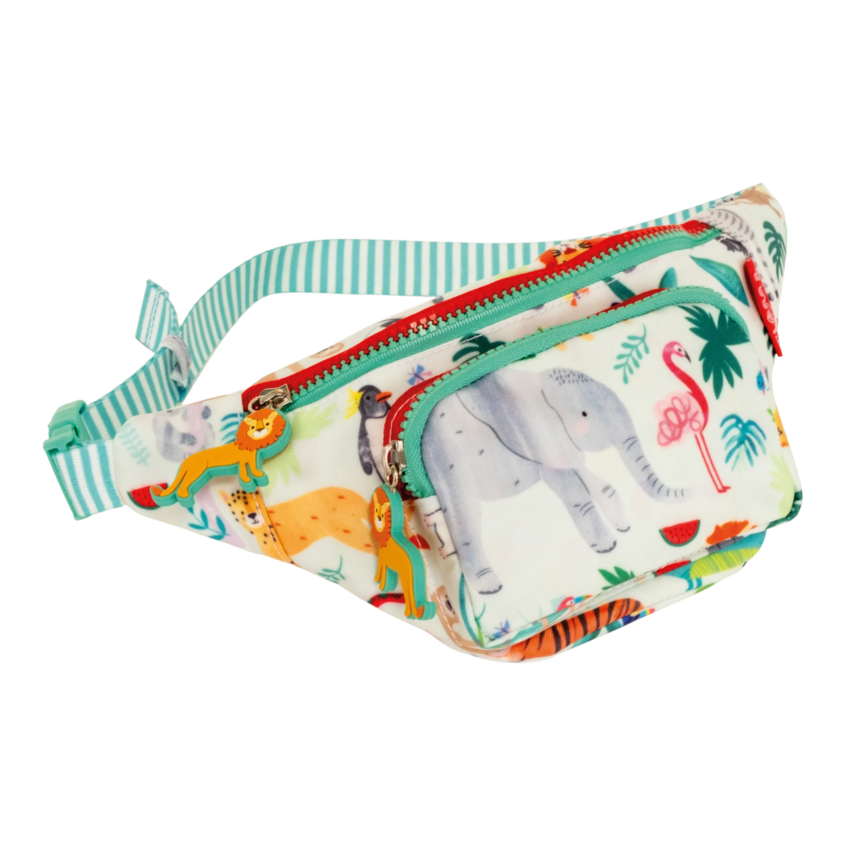 Belt Bag | Jungle with adjustable striped strap, two compartments, lion-shaped zip pulls, and colorful jungle animal print.