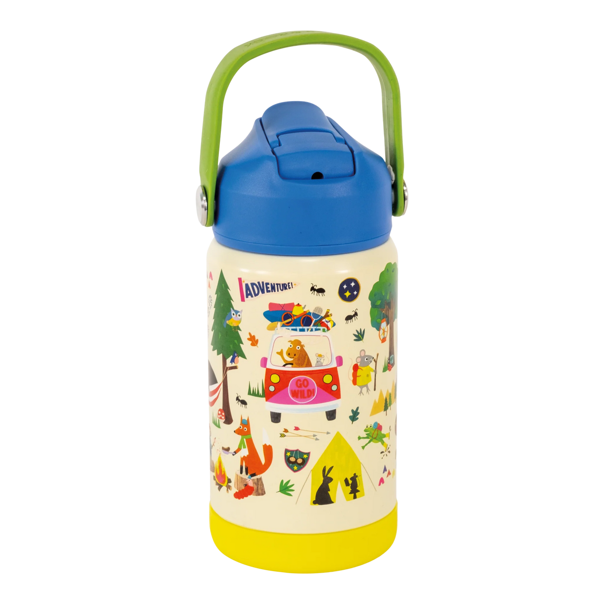 Drinks Bottle | Adventure with retractable spout, carry handle, vacuum insulated stainless steel in colorful animal and camping design.
