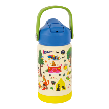 Drinks Bottle | Adventure with retractable spout, carry handle, vacuum insulated stainless steel in colorful animal and camping design.
