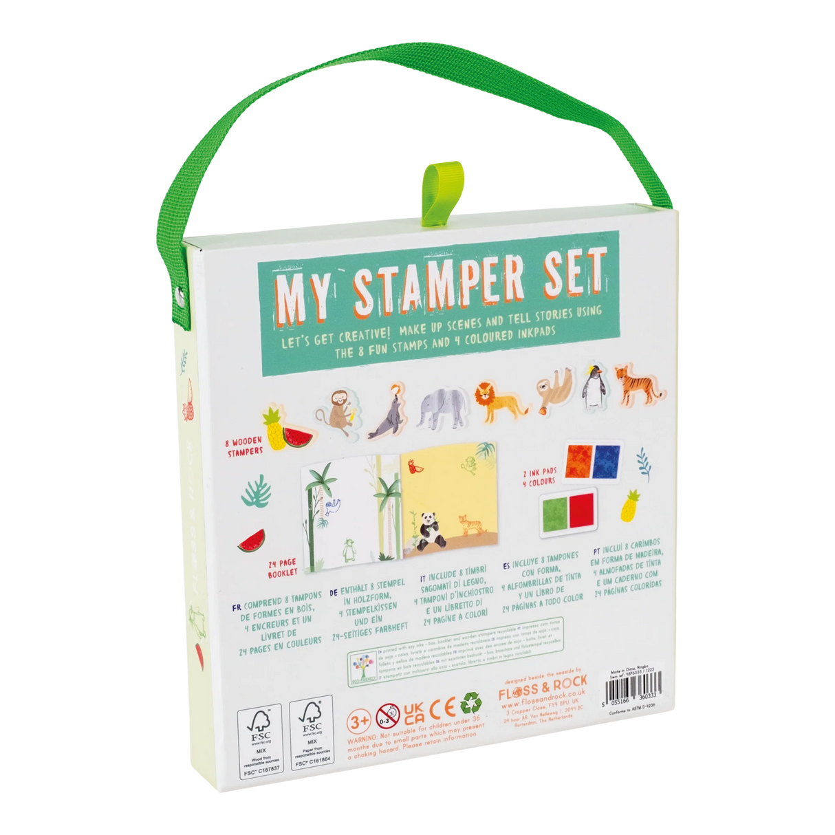My Stamper Set | Jungle with 8 animal stamps, 4 ink pads, 24-page booklet, and eco-friendly carry case for creative play.